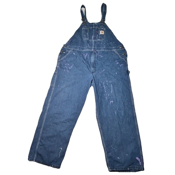Carhartt R07 DST 46x30 Denim Bib Overalls Paint Splatter Distressed Y2K Workwear